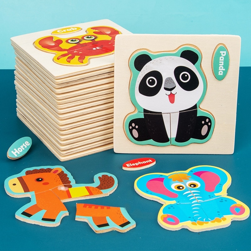 10.5cm Kids Wooden 3D Jigsaw Puzzle Cartoon Animal Traffic Car Baby Learning Educational Toys for Children
