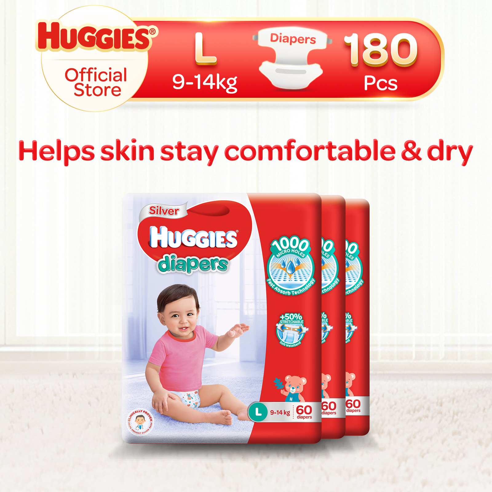 [Carton] Huggies Silver Tape Diapers L 60pcs x 3 Packs  (9 -14kg)
