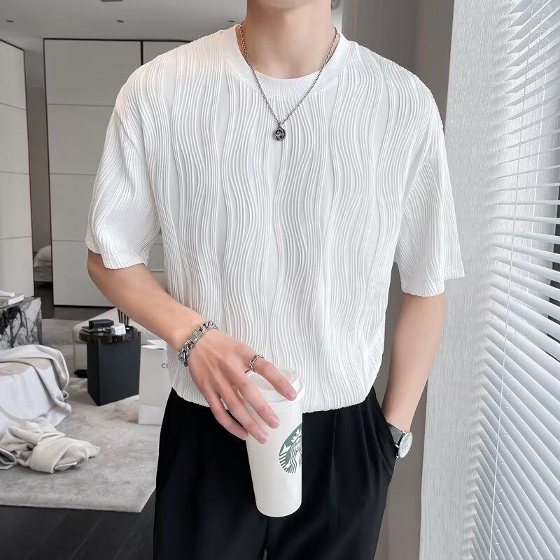 Korean Men's 3D T-shirt Summer Men's Striped Short Sleeve Tops High Quality WhiteT Shirt O-neck Tee Shirt Men Clothing 2023 New