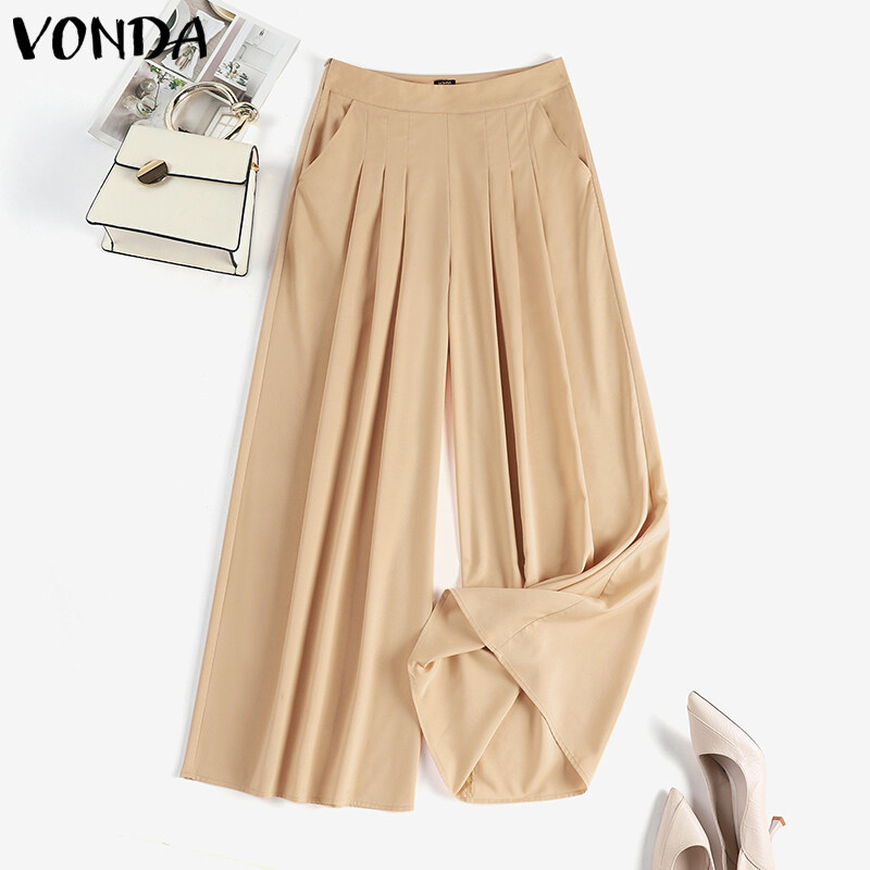 VONDA Women's Formal Office Pleated Solid Trousers Business Leisure Straight Wide Leg Pants (Korean Causal) #2