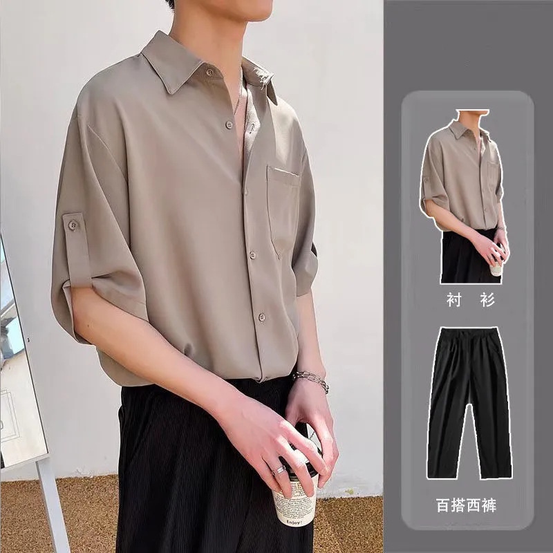 ☢♚ Two-piece light and familiar style summer wear men's high-end design ice silk short-sleeved shirt with a suit of trousers