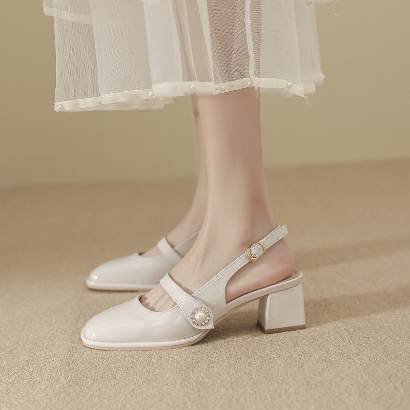 otou s women's chky heel medium heel 23 summer new patent ler fairy style one word buckle back empty high heels C427☏☜