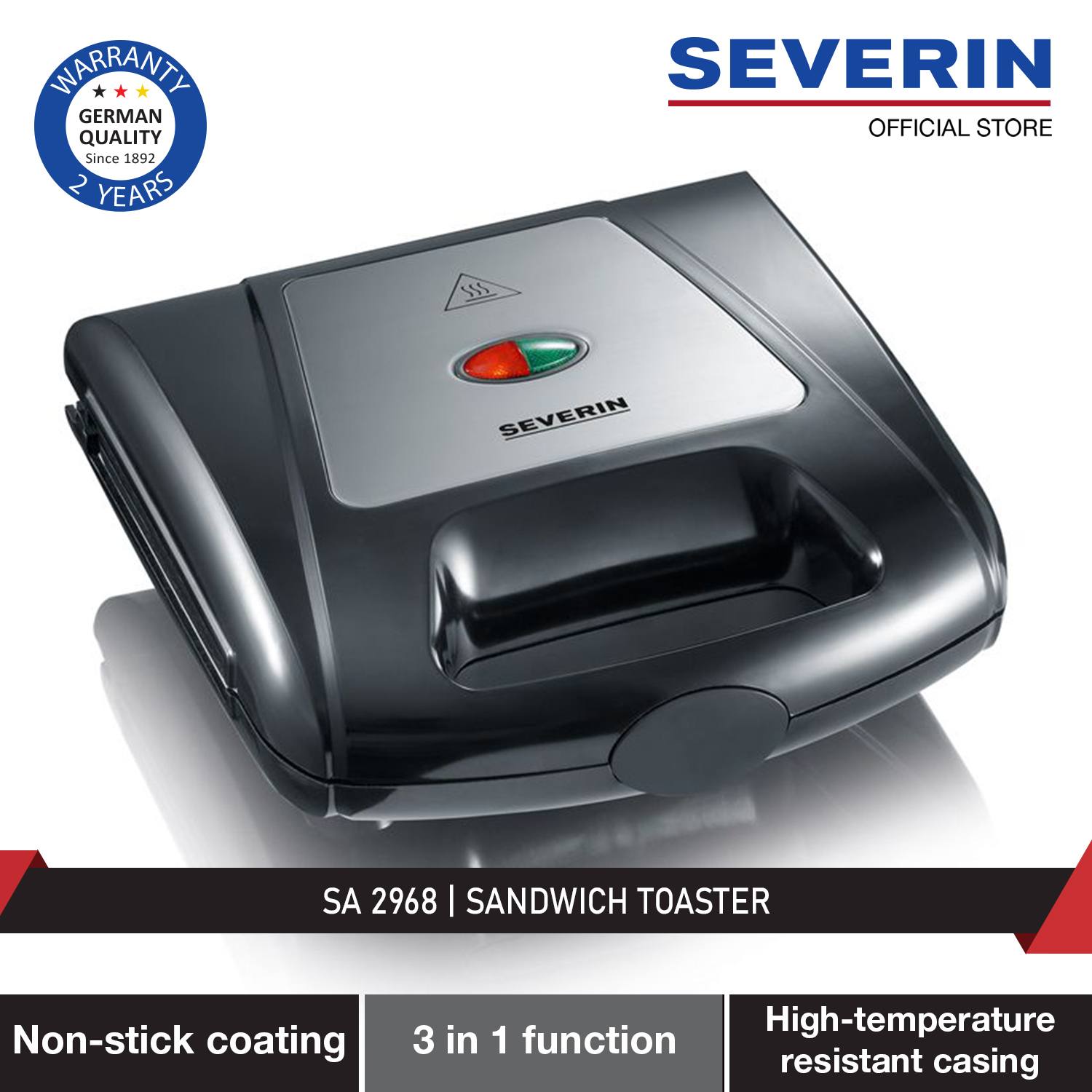 Severin SA 2968 Sandwich Toaster with Grill and Waffle Maker Plates 2 Year Warranty