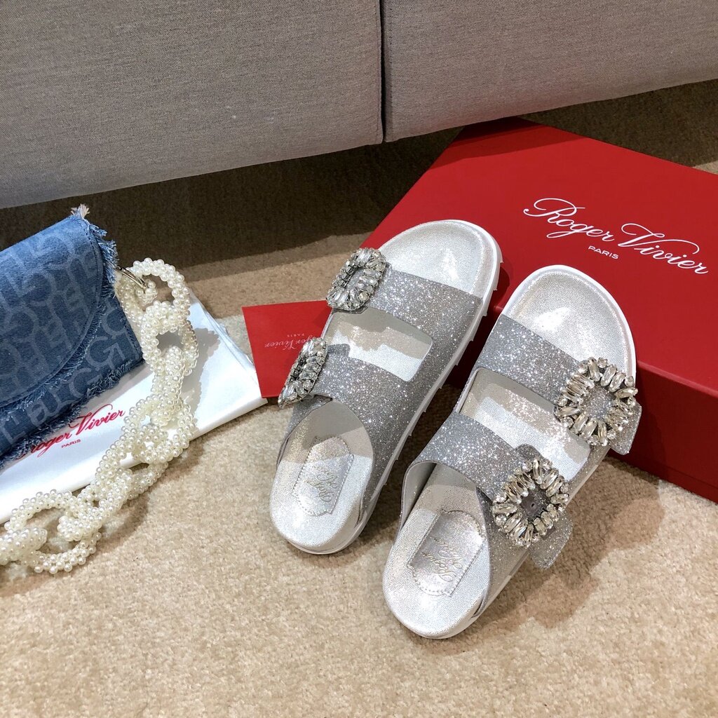 Roger vivierˉdouble rhinestone square buckle platform slippers women's fashion sandals 1031