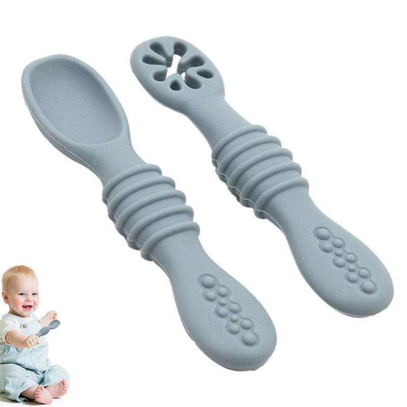 Baby Feeding Spoon 2 Pcs Silicone Baby Feeding Spoons Infant First Stage Rainbow Chew Spoon Set Baby Feeding Supplies BPA Free