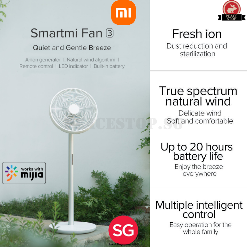 [Local Warranty] Xiaomi Smartmi Fan 3 Cordless Fan App Control Smart Standing Built In Battery Rechargeable Remote 4 Speed 7 Fan Blades
