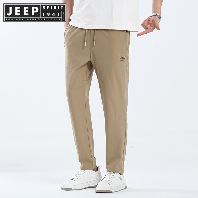 JEEP SPIRIT 1941 ESTD Summer Ice Silk Pants Men's Sports Casual Straight Leg Trousers Embroidered Outdoor Solid Color Casual Pants