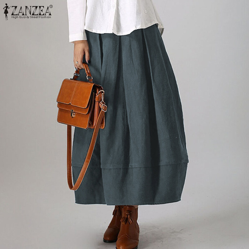 ZANZEA Women Retro Plain Loose Long Maxi Skirt Pleated High Waist Zipper Up A-Line Skirts