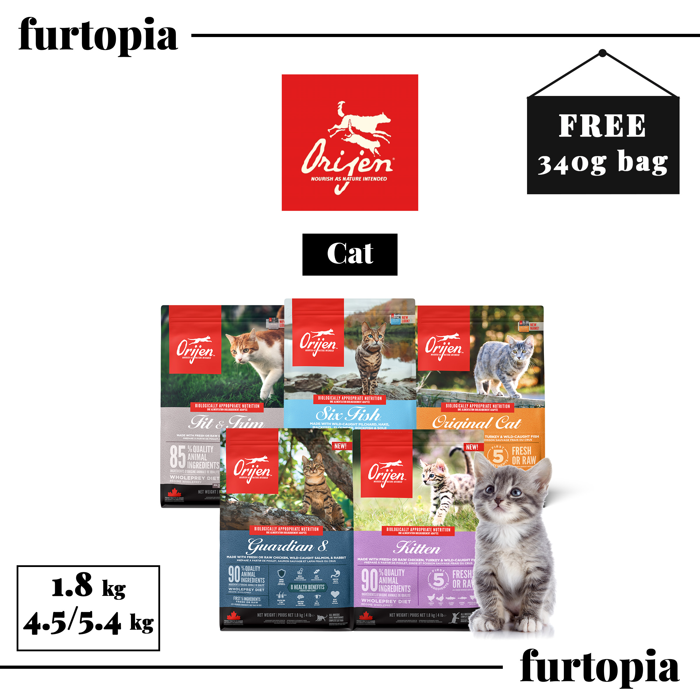 [FREE 340g Bag of Kibbles] ORIJEN Cat Dry Food (1.8kg/4.5kg/5.4kg)
