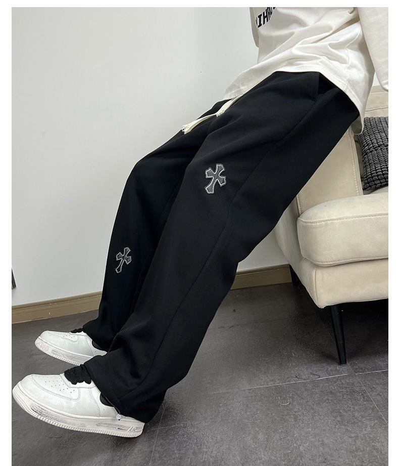 The Latest C~Hearts Pure Cotton Ins Fenggao Street Mopping Wide Leg Trousers with Cross Leather Label