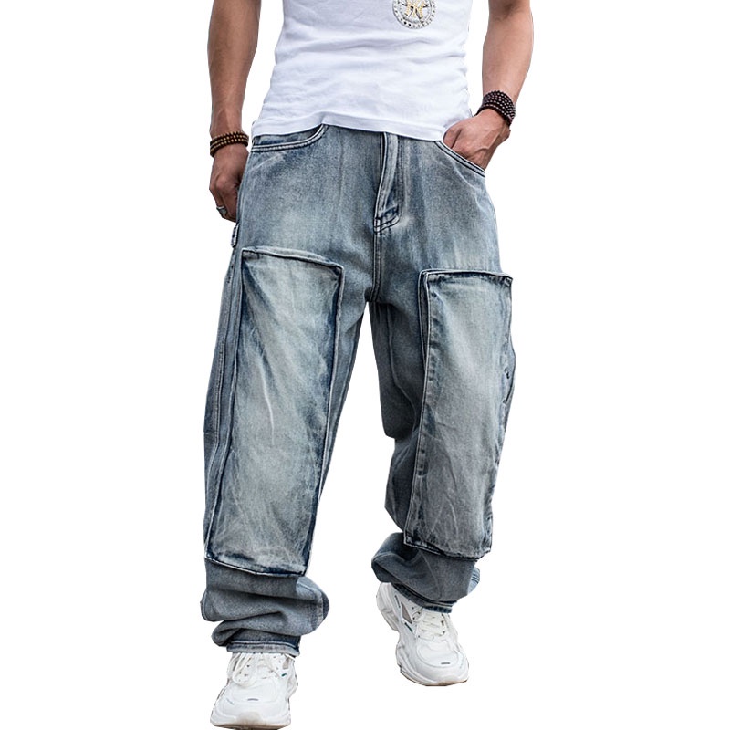 Jeans For Men Men's Straight Denim Cargo Pants Biker Jeans Men Baggy Loose Blue Jeans With Side Pocket Size 30-46