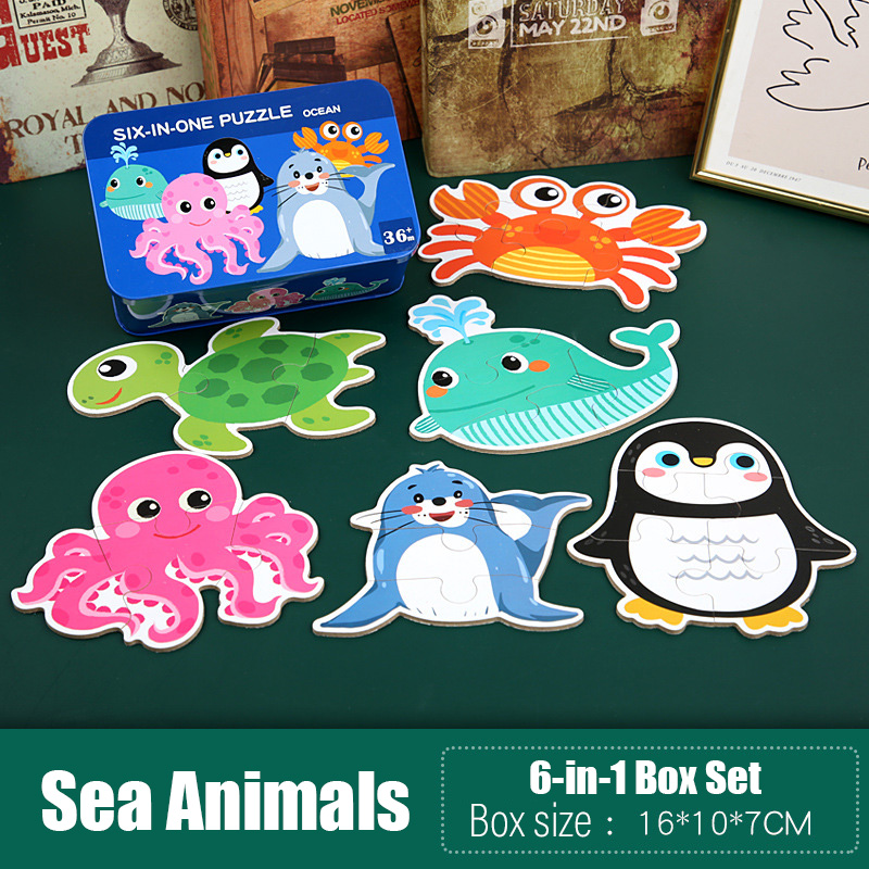 6-in-a-box Wooden Jigsaw Puzzle Tin Box Kids Child Children Educational Toy Sea Animals Cars Bugs Children's Day Gift