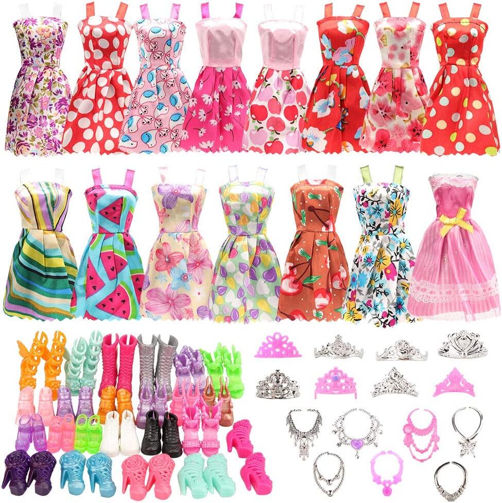 32 Item/Set Doll Accessories=10 Pcs Doll Clothes Dress+6 Necklace+6 Crown+10 Pairs Shoes for Barbie doll 11.5