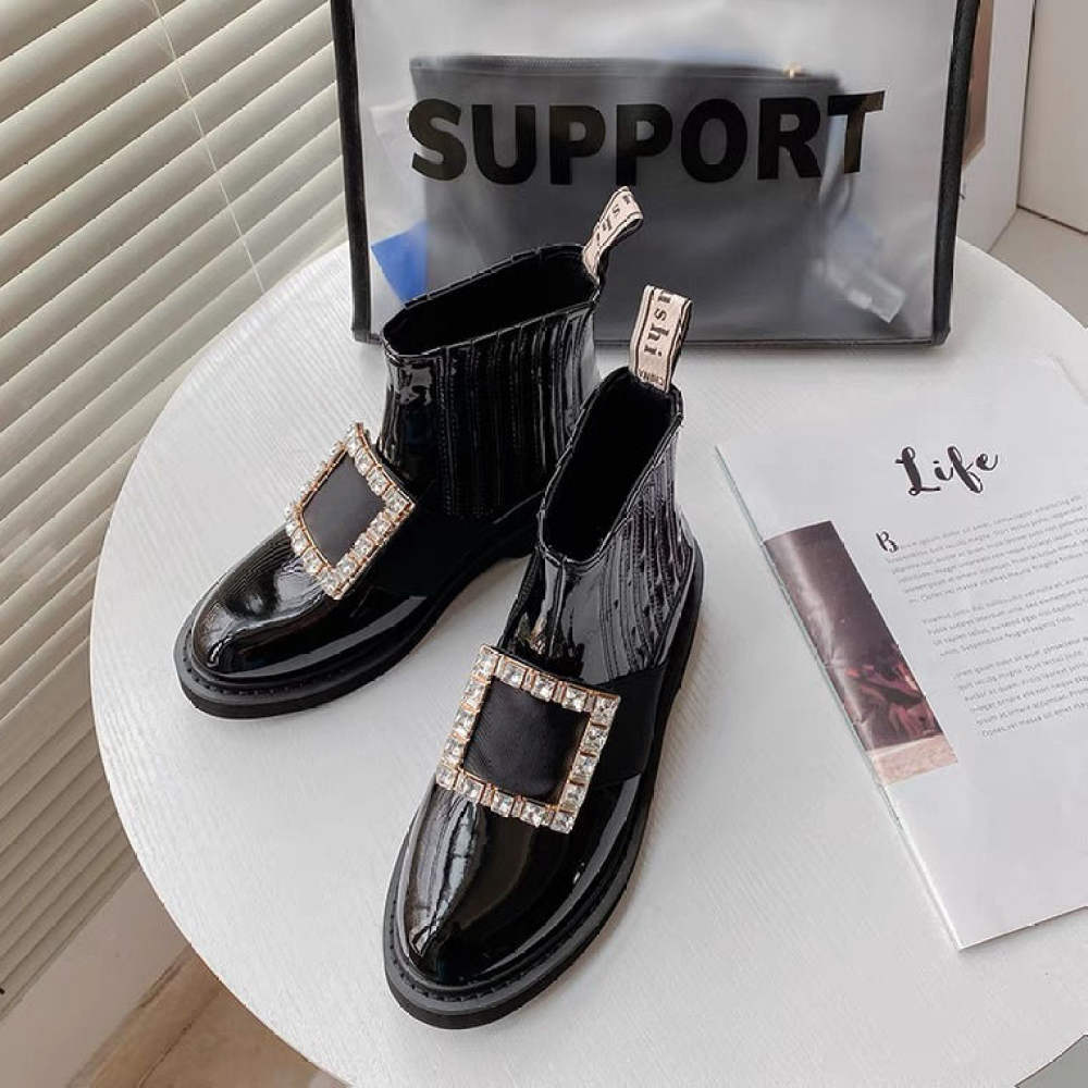 【high quality】original Roger vivierˉRhinestone square buckle short boots women's 2023 new thick-heeled thick-soled Martin boots patent leather spring and autumn single boots Chelsea boots summer new s