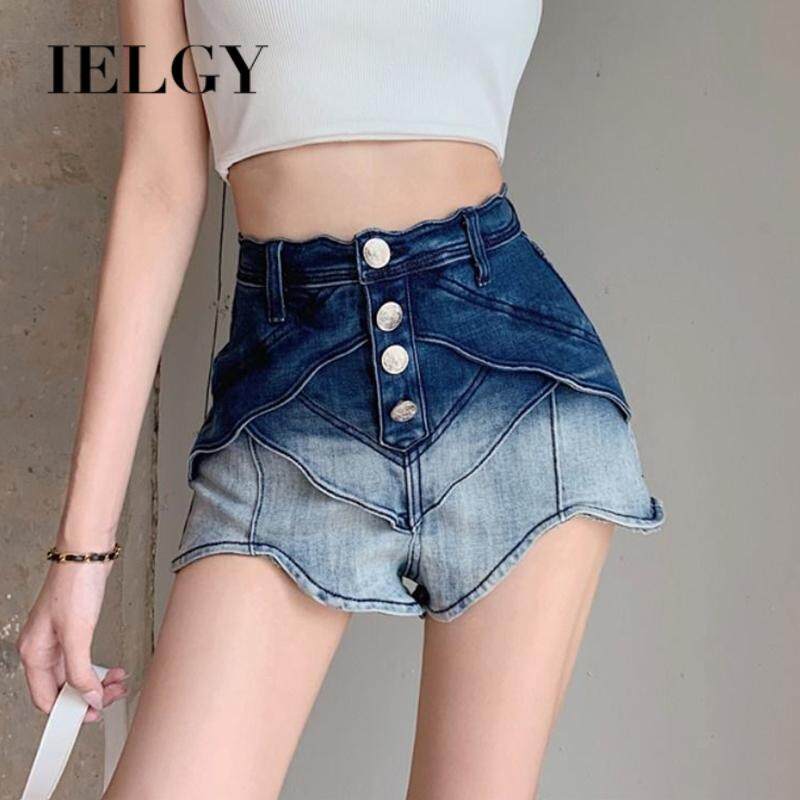 IELGY gradient color design wide-leg denim shorts women's high waist straight casual hot pants