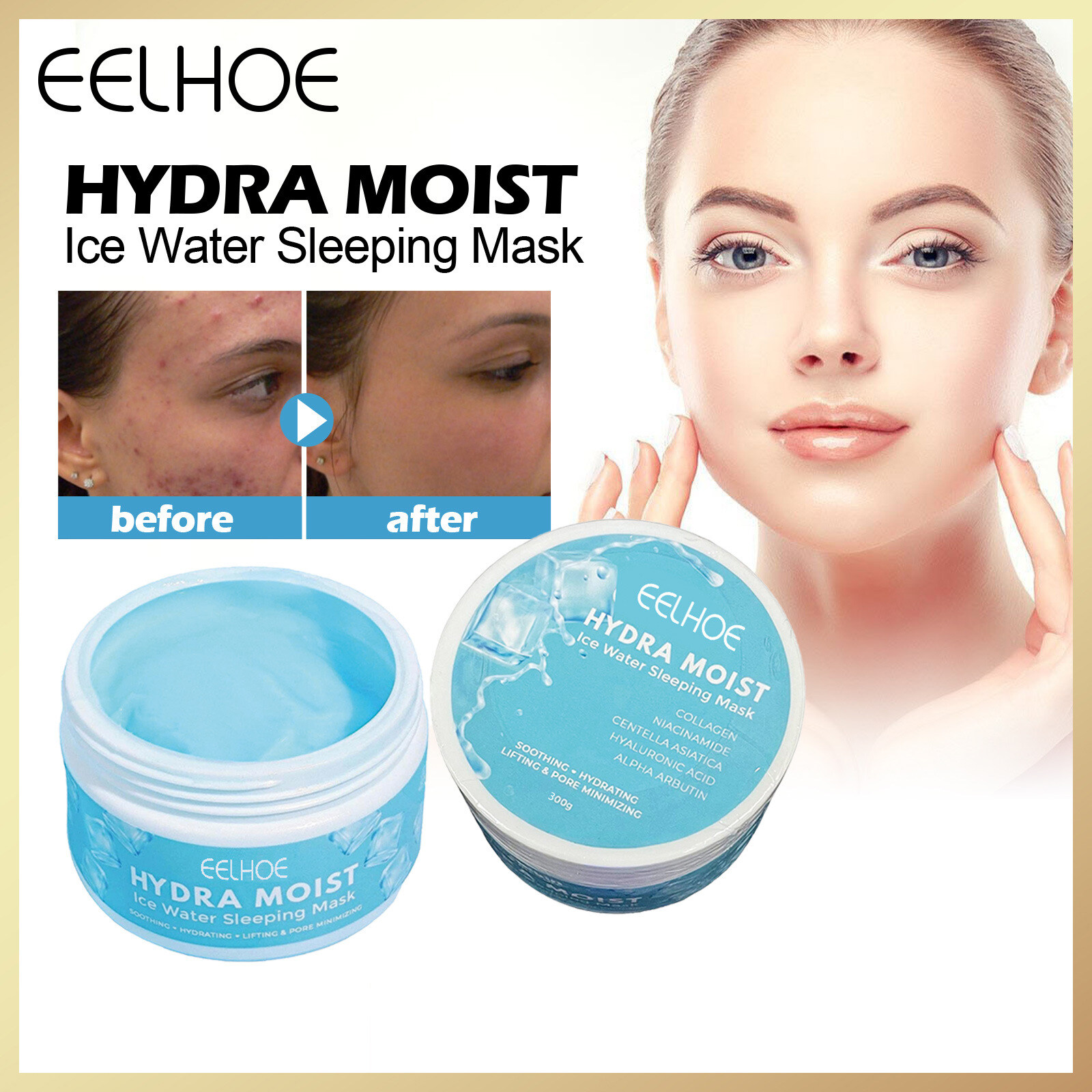 Eelhoe Hydra Moist Ice Water Sleeping Mask Whitening Moisture Mask Night Repair First Aid Facial Mask Sleeping Mask For Women Moisturizing Hyaluronic Acid Face Masque Dry Skin Care With Ice Water（300g