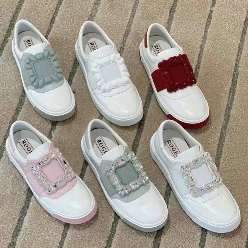New high-definition 2023 rhinestone square buckle round toe roger vivierˉsports women's shoes slip on soft flat bottom casual white shoes