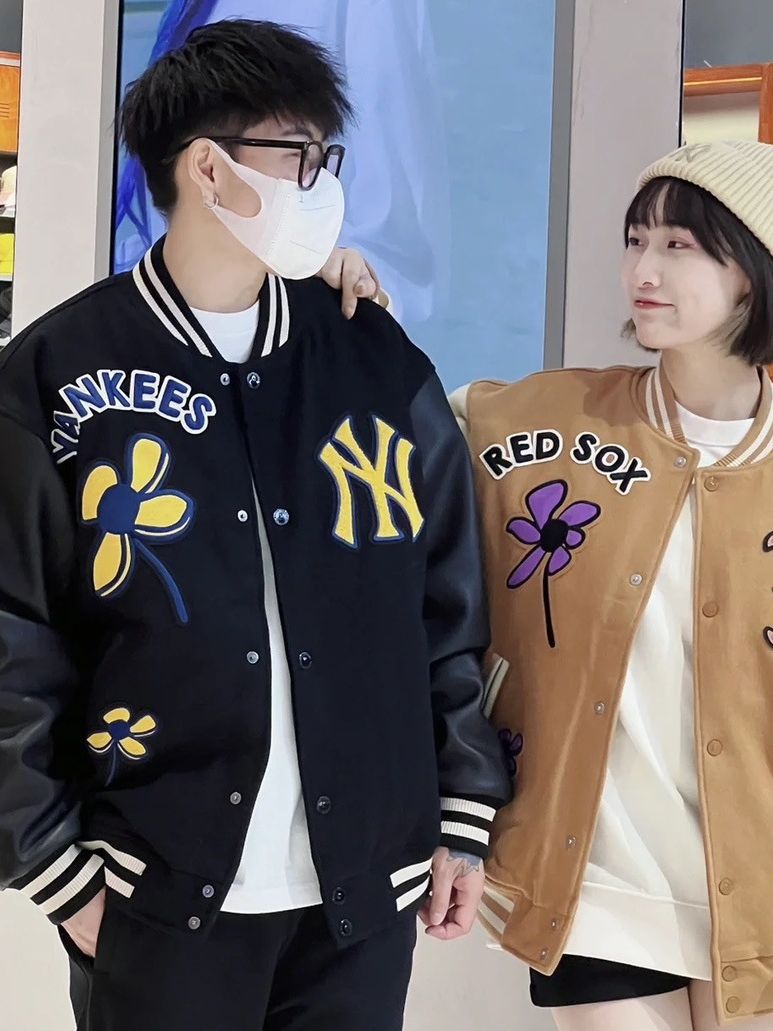 MLB Yankees 23ss Autumn and Winter New Flower Patch NY Embroidered Woolen Leather Patchwork Baseball Uniform Jacket Coat