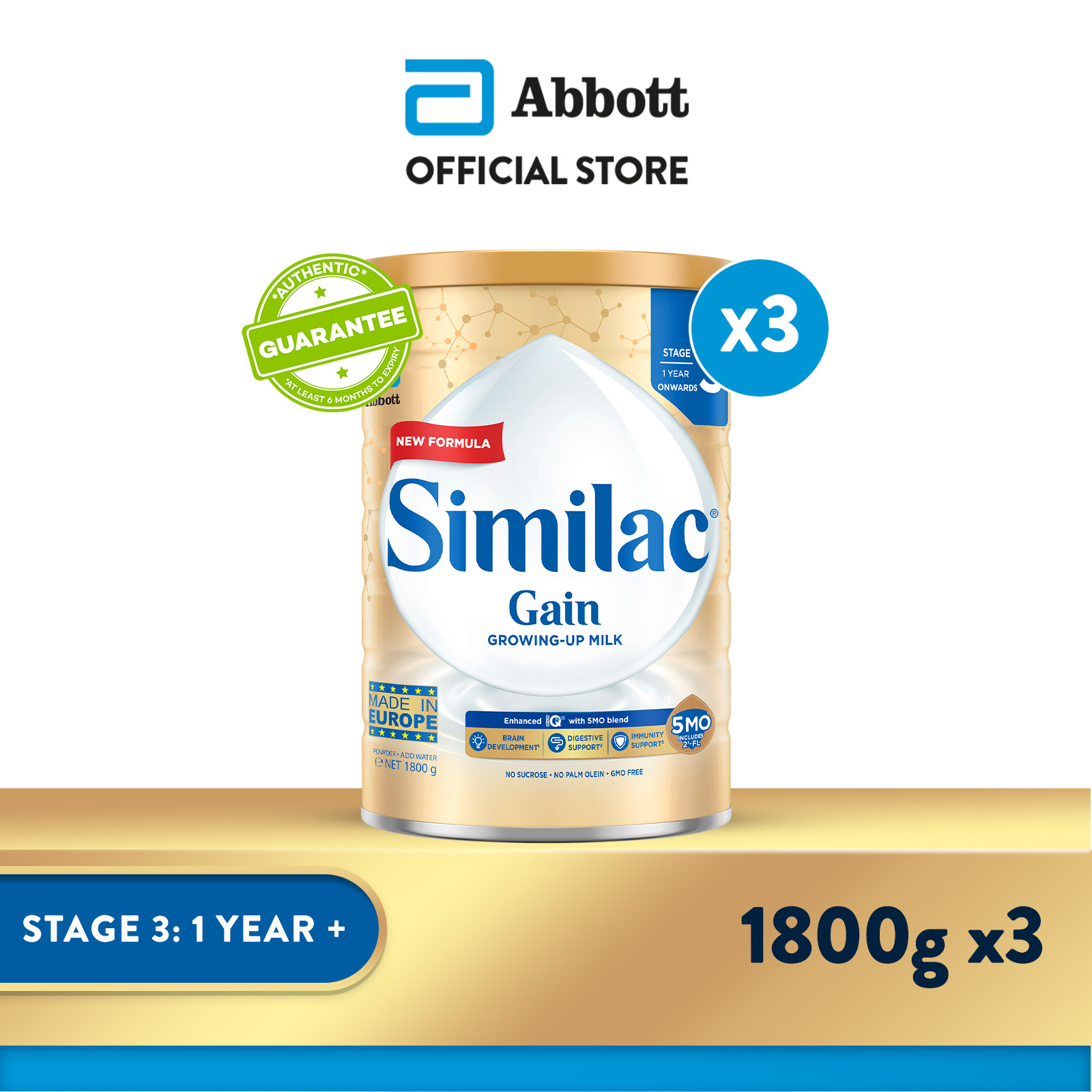 [Bundle of 3] Similac Gain 5MO Stage 3 Growing-Up Baby Milk Powder Formula 1.8kg (1 year onwards)