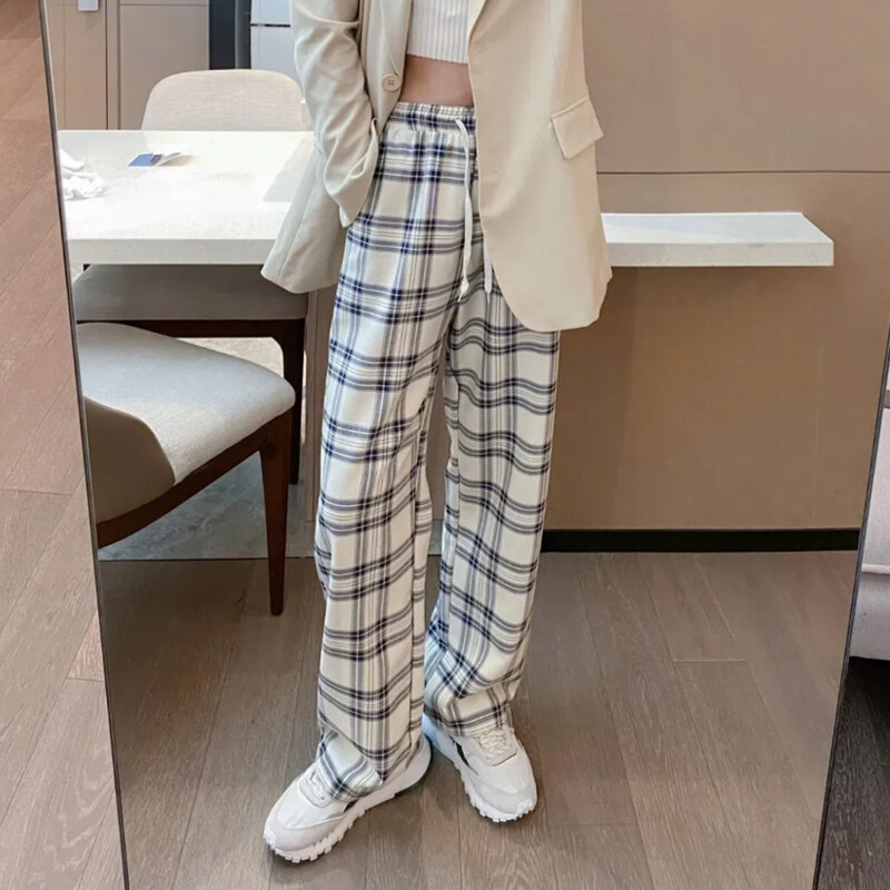 XHJ Ins Women Loose Plaid Wide Leg Long Pants Casual Elastic Waist Plus Size Full Length Pants