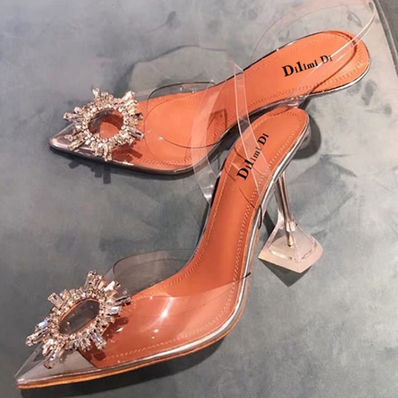 Baotou sandals women's 2023 new summer net red transparent crystal fairy style pointed toe high heels ins tide