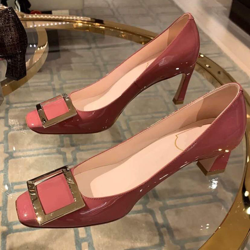 【high quality】 High heels 2022 new Roger vivierˉ women's shoes patent leather square toe square buckle shallow stiletto women's comfortable all-match commuter shoes summer new style women's shoes slip