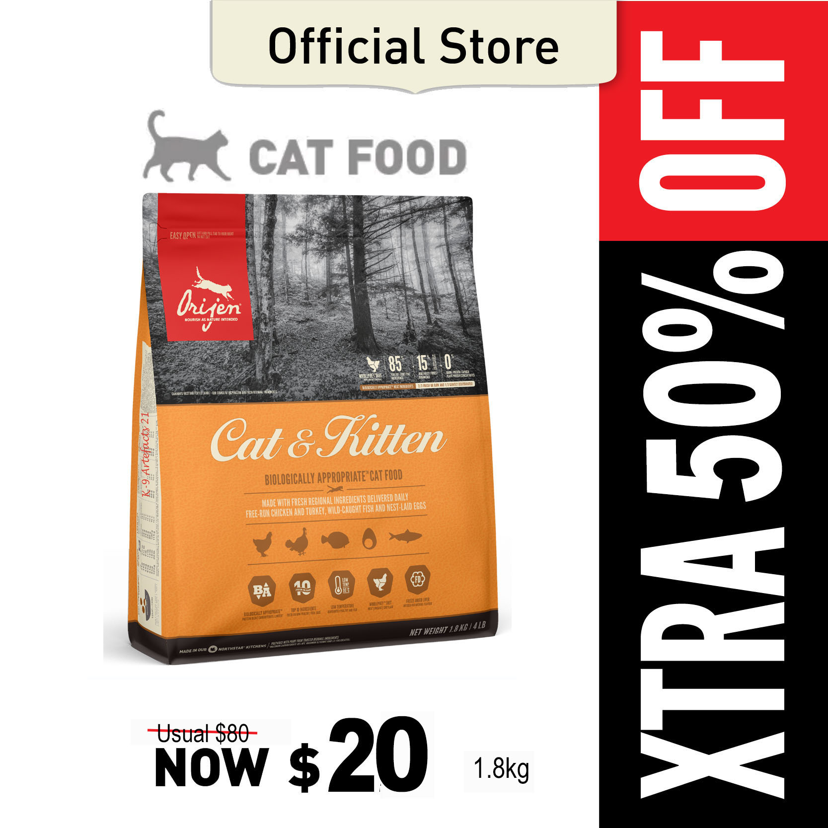 Xtra 50% OFF ORIJEN Cat&Kitten 1.8kg (Expiry 05/06/23)