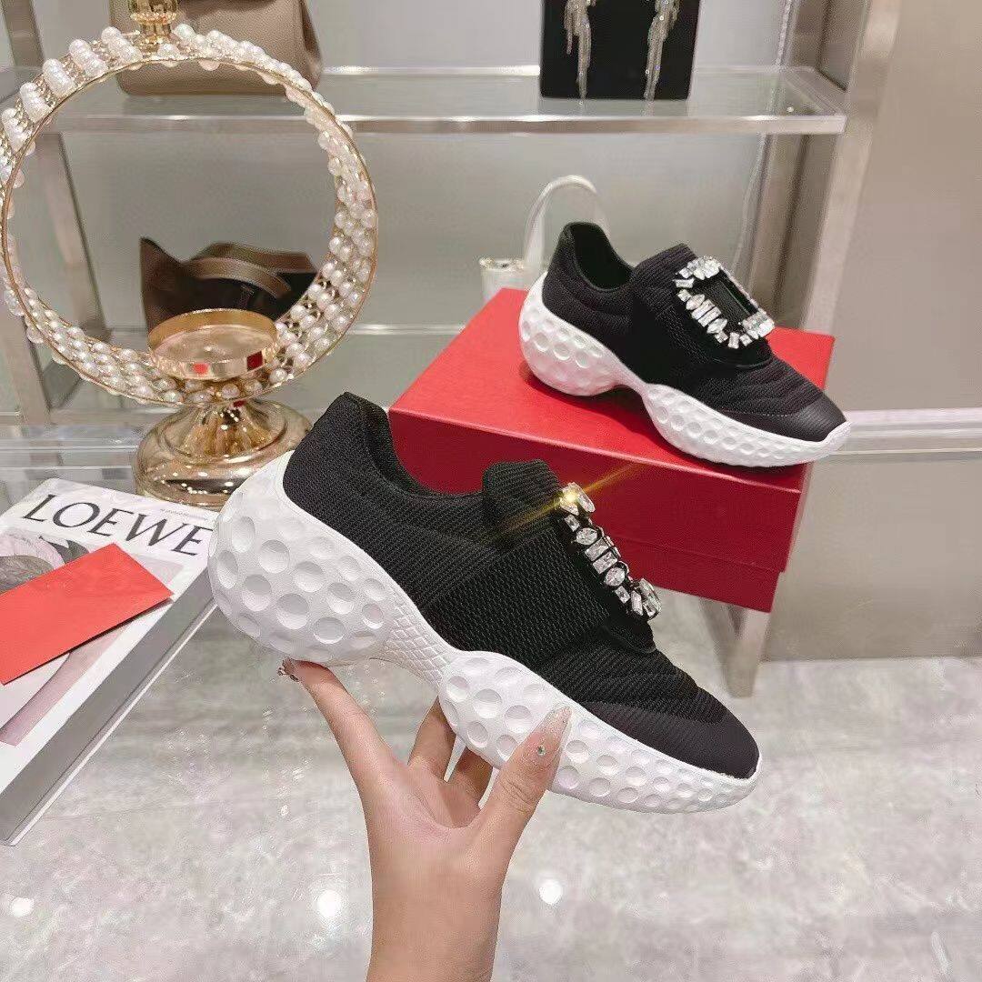Ouyang Nana the same style rhinestone square buckle roger vivierˉthick bottom mesh breathable daddy sports light women's shoes slip on shoes
